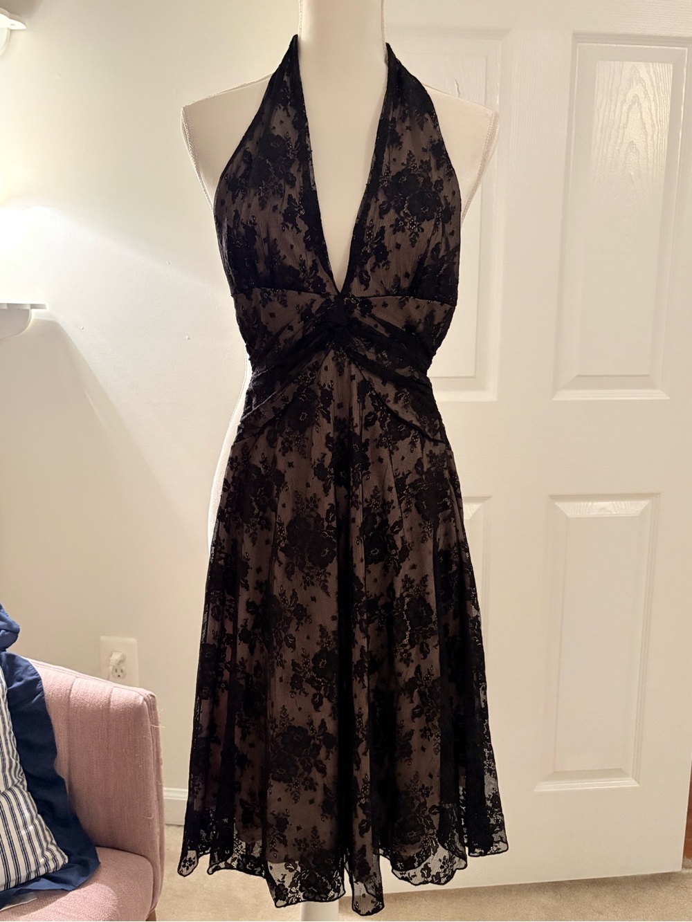 Vintage Y2K Black Halter Lace Overlay Cocktail Dress